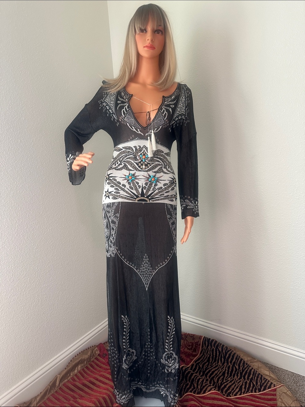 ROBERTO CAVALLI BlK & WH Maxi gown with Turquoise / Coral Accents